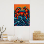 Fiery Red Crab - Vetgedrukte Zee Creature in Splas Poster (Keuken)