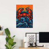 Fiery Red Crab - Vetgedrukte Zee Creature in Splas Poster (Thuiskantoor)