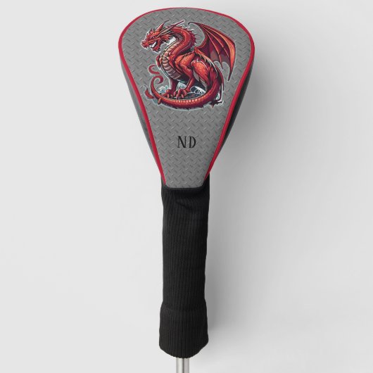 Fiery Red Dragon op Metal Diamond Bord Custom Golfheadcover (Voorkant)