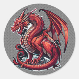 Fiery Red Dragon op Metal Diamond Bord Ronde Sticker