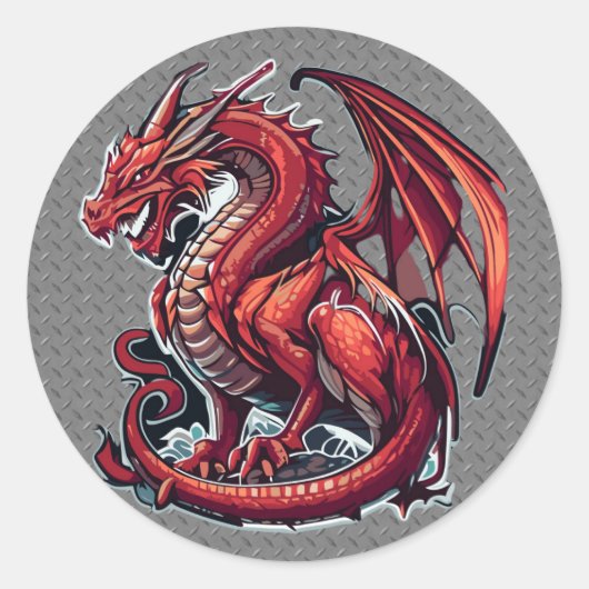 Fiery Red Dragon op Metal Diamond Bord Ronde Sticker (Voorkant)