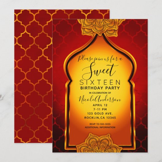Fiery Red Gold Royal Indian Arabian Sweet 16 Party Kaart (Voorkant / Achterkant)