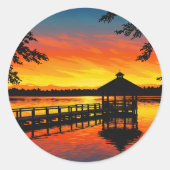 Fiery Red Lake Sunset with Dock Ronde Sticker (Voorkant)