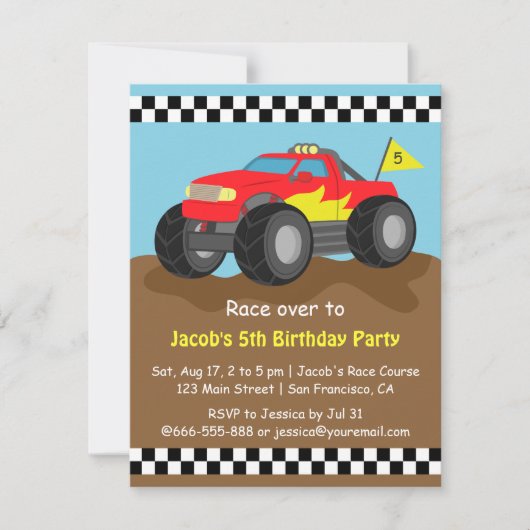 Fiery Red Monster Truck Birthday Party Kaart (Voorkant)