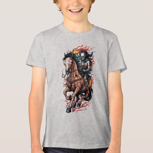 Fiery Skeleton Rider op een galopperend paard Tri-Blend Shirt (Voorkant)