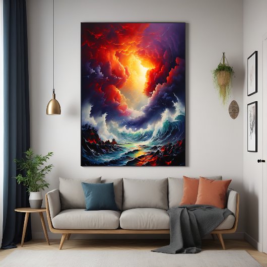 Fiery Sky and Roaring Zee – Dynamic Seascape Art Perfect Poster