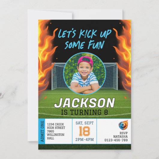 Fiery Soccer Theme Boys Foto Verjaardag Kaart (Voorkant)