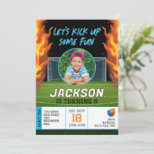 Fiery Soccer Theme Boys Foto Verjaardag Kaart (Staand voorkant)