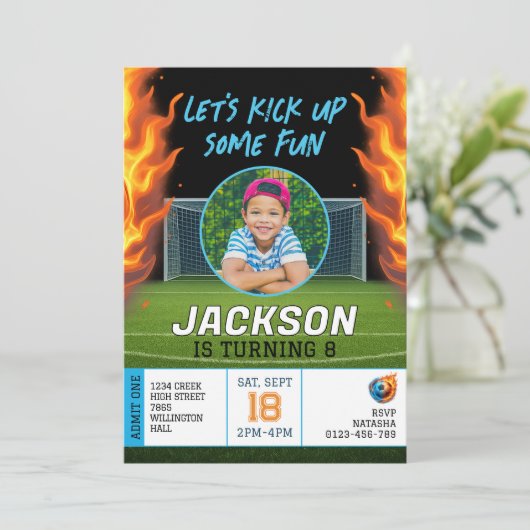 Fiery Soccer Theme Boys Foto Verjaardag Kaart (Staand voorkant)