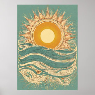 Fiery Sun On Green Sun Illustratie Wall Art Print