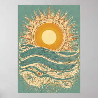 Fiery Sun On Green Sun Illustratie Wall Art Print