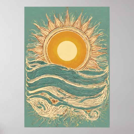 Fiery Sun On Green Sun Illustratie Wall Art Print (Voorkant)