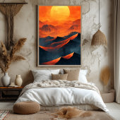 Fiery Sunset Mountains in monochroom Sinaasappel Poster