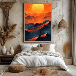 Fiery Sunset Mountains in monochroom Sinaasappel Poster