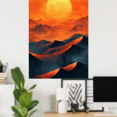 Fiery Sunset Mountains in monochroom Sinaasappel Poster (Thuiskantoor)