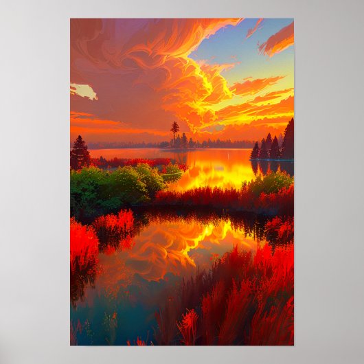 Fiery Sunset Reflection, meer badend in Crimson Poster (Voorkant)