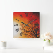 Fiery Sunset & Tree Branches Natuur Art Vierkante Klok (Huis)