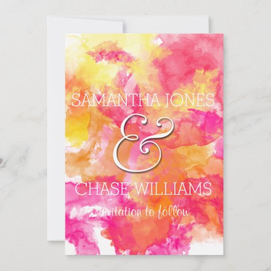 FIERY SUNSET WATERVERF HOLLYHOCK WEDING SAVE THE DATE (Achterkant)