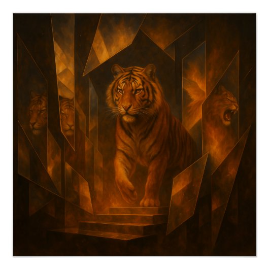 Fiery Tiger in a Shattered Mirror Maze – GeoWild A Perfect Poster (Voorkant)