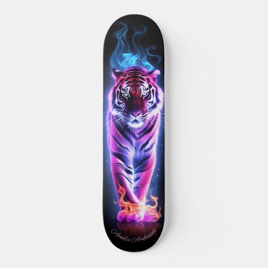 Fiery Tiger Roze & Blauw Gloeiende Koele Stijl Persoonlijk Skateboard (Voorkant)