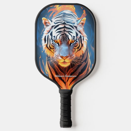 Fiery Tiger Sinaasappel & Blauw Gloeiende Koele St Pickleball Paddle (Voorkant)