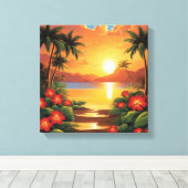 Fiery Tropische Zonsondergang met Palmbomen Canvas Afdruk (Insitu (Houten vloer))