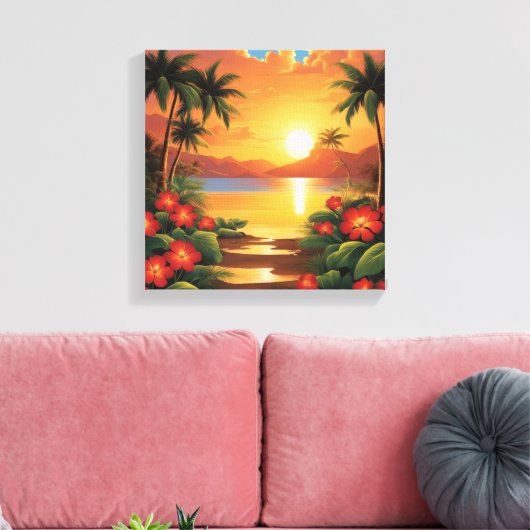 Fiery Tropische Zonsondergang met Palmbomen Canvas Afdruk (Insitu (Woonkamer))
