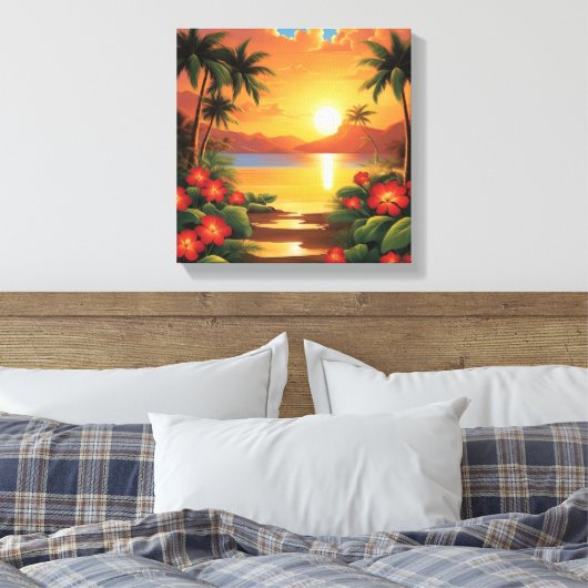 Fiery Tropische Zonsondergang met Palmbomen Canvas Afdruk (Insitu (Slaapkamer))