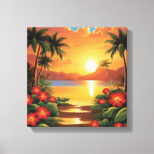 Fiery Tropische Zonsondergang met Palmbomen Canvas Afdruk