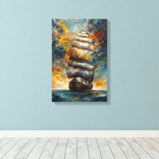 Fiery Voyage - Dramatisch zeilschip bij Sunset Art Canvas Afdruk (Insitu (Houten vloer))