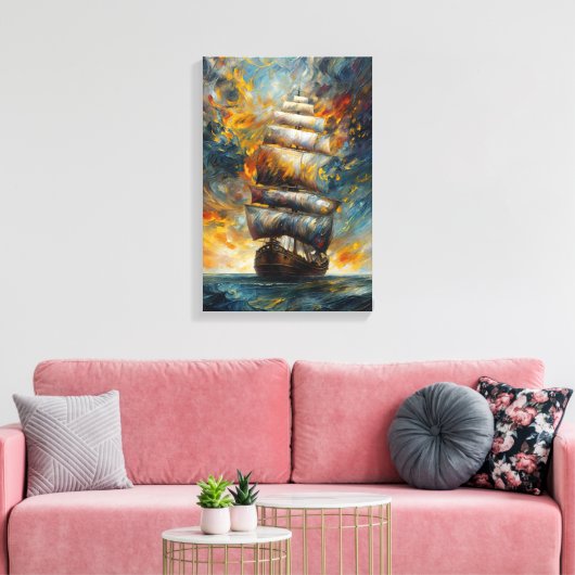 Fiery Voyage - Dramatisch zeilschip bij Sunset Art Canvas Afdruk (Insitu (Woonkamer))
