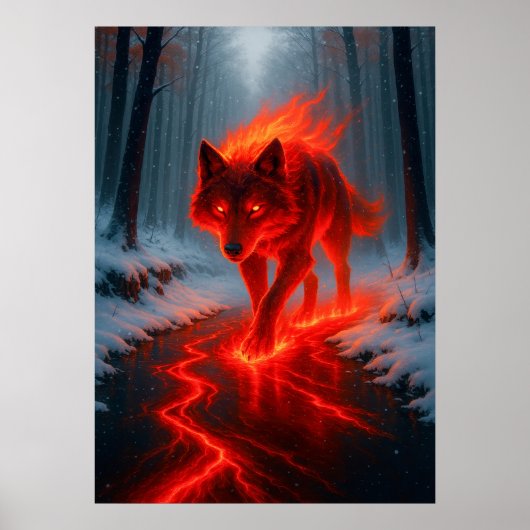 Fiery Wolf in Snow Fantasy Spirit Animal Poster (Voorkant)