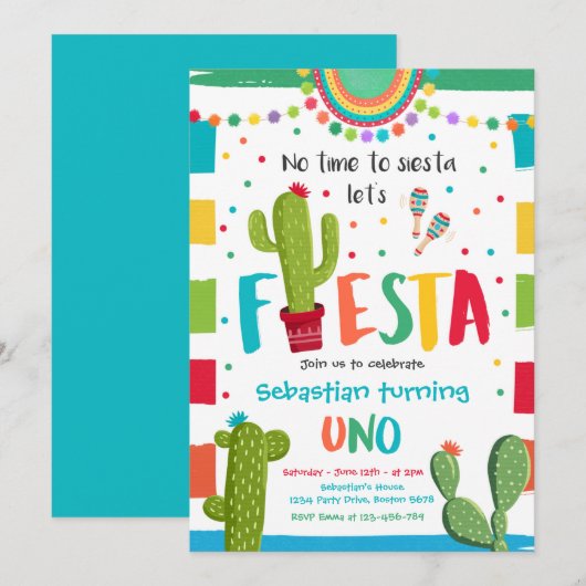 Fiesta 1e verjaardag Mexicaanse Cactus Party Kaart (Voorkant / Achterkant)