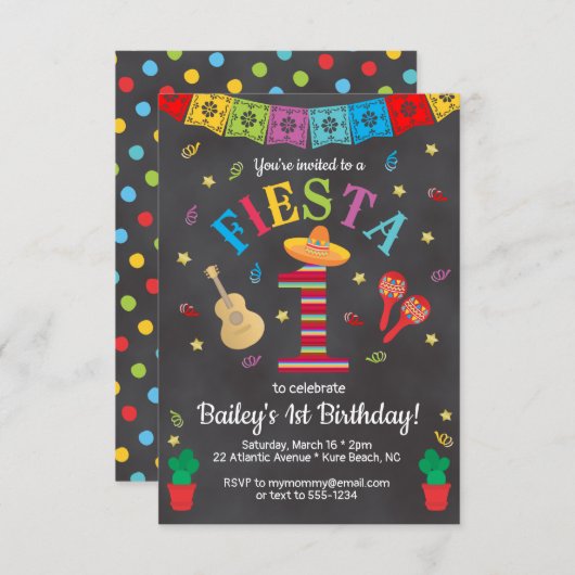 Fiesta 1e Verjaardag Uitnodiging Kleurrijk Chalkbo (Voorkant / Achterkant)