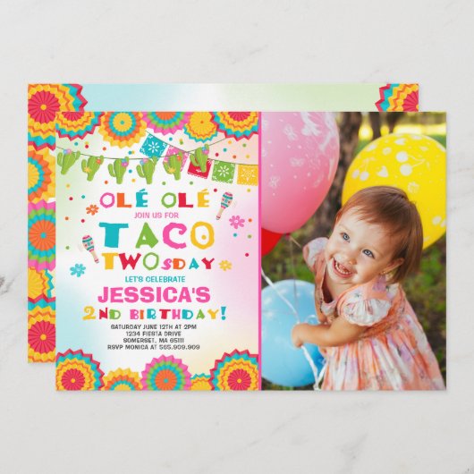 Fiesta 2e verjaardag Uitnodiging Taco Twosday Part (Voorkant / Achterkant)