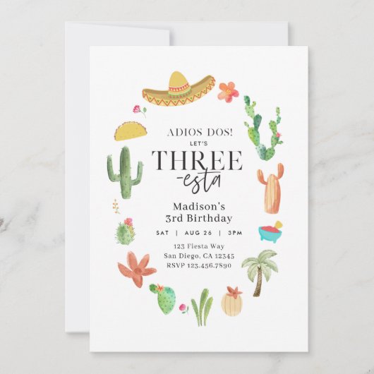 Fiesta 3e verjaardag Drie-esta uitnodiging (Voorkant)