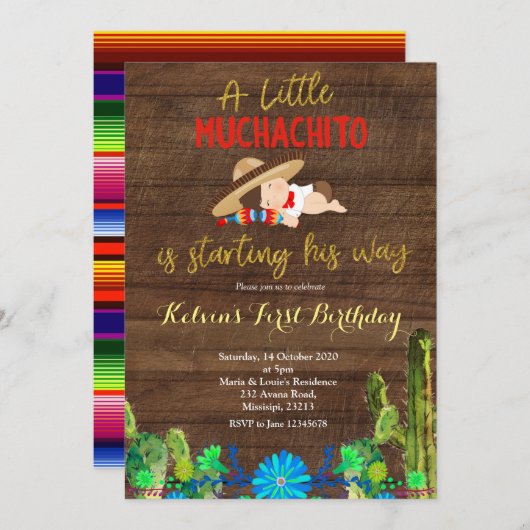 Fiesta Baby Muchacho First Birthday Invitation Kaart (Voorkant / Achterkant)