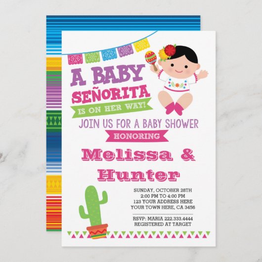 Fiesta Baby shower, Baby Senorita Invite Kaart (Voorkant / Achterkant)