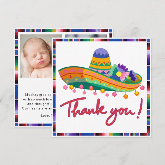 Fiesta Baby shower bedankkaart – kleurrijke Sombr (Voorkant / Achterkant)