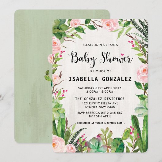 Fiesta Baby shower Invitation Cactus Roze Bloemen Kaart (Voorkant / Achterkant)
