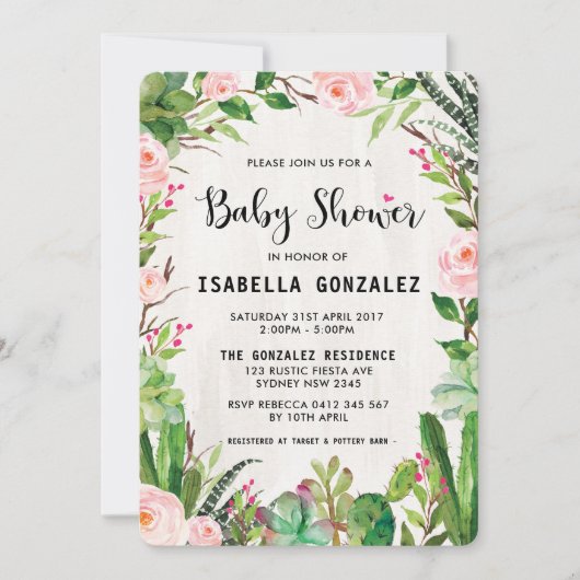 Fiesta Baby shower Invitation Cactus Roze Bloemen Kaart (Voorkant)