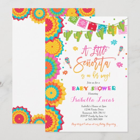 Fiesta Baby shower Invitation Girl Fiesta Shower Kaart (Voorkant / Achterkant)