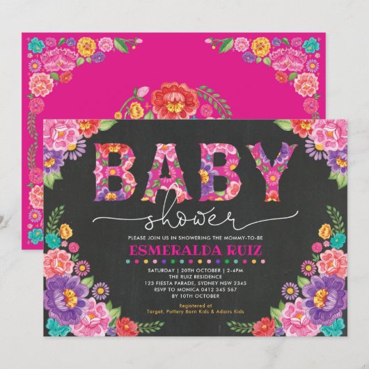 Fiesta-Baby shower | Mexican Floral Chalkboard Kaart (Voorkant / Achterkant)