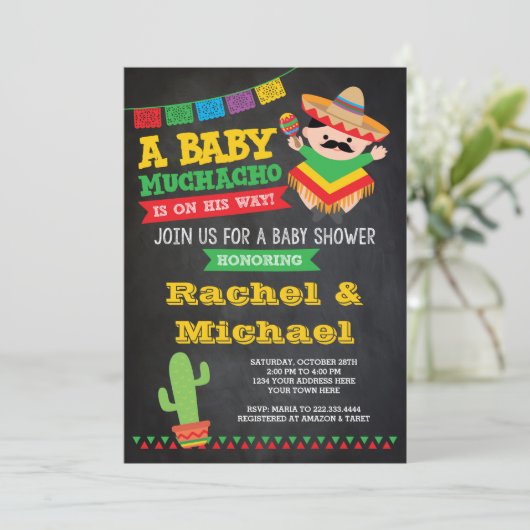 Fiesta Baby Shower Uitnodiging, Baby Muchacho Kaart (Staand voorkant)