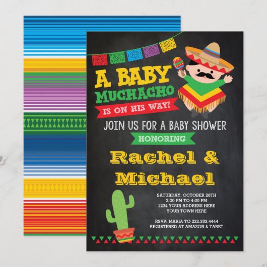 Fiesta Baby Shower Uitnodiging, Baby Muchacho Kaart (Voorkant / Achterkant)