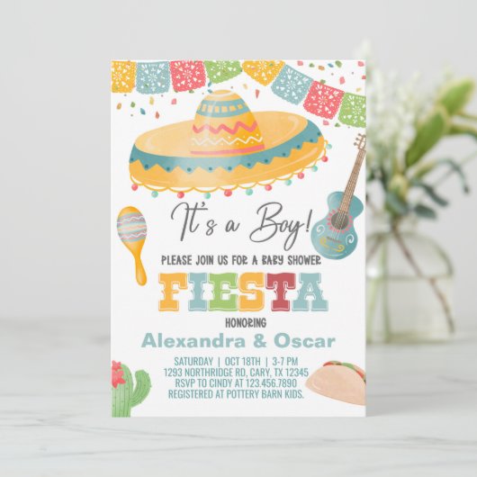 Fiesta baby shower-uitnodiging, het is een jongen- kaart (Staand voorkant)
