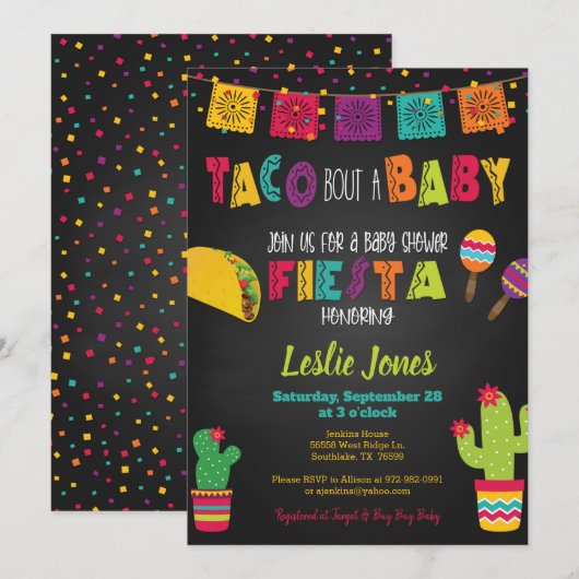 Fiesta Baby shower Uitnodiging - Taco Bout a Baby (Voorkant / Achterkant)
