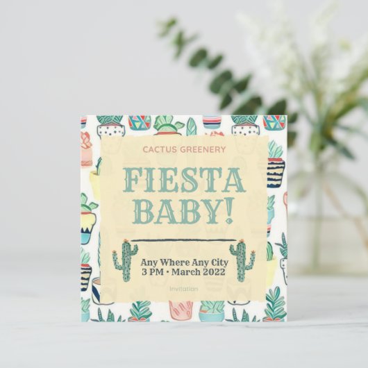 Fiesta Baby Sprinkle Invitation Cactus Greenery Kaart (Staand voorkant)
