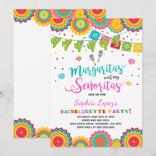 Fiesta Bachelorette Party Invitation Señorita Fun Kaart (Voorkant / Achterkant)