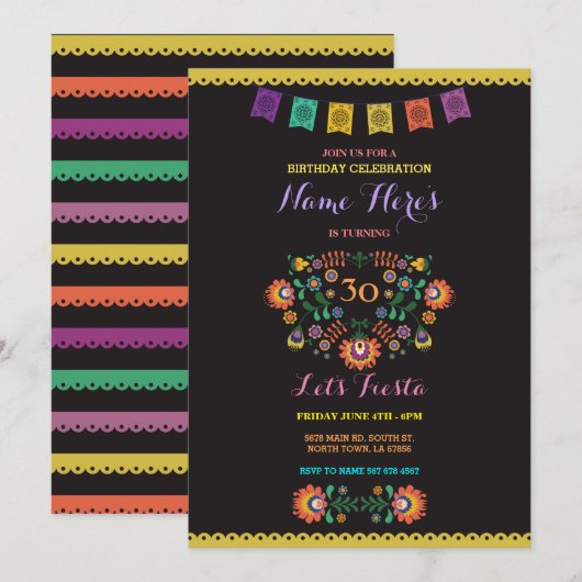 Fiesta Birthday Floral 30e uitnodiging (Voorkant / Achterkant)